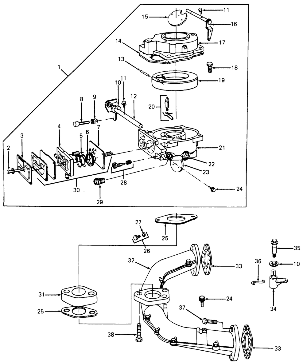Carburetor And Intake Manifold Diagram and Parts List for 1610 0350042U-135393100-135393399-136393100 Cub Cadet Lawn Tractor